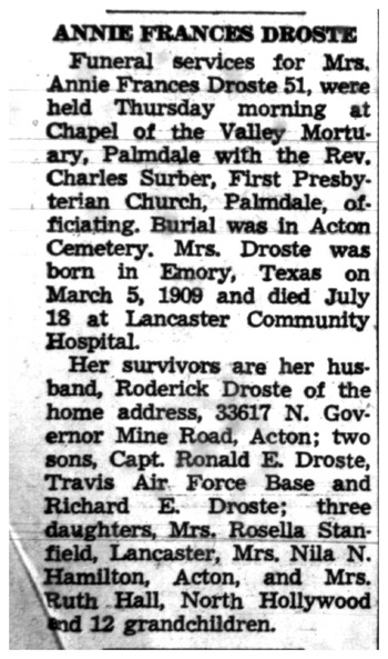Droste,   Annie Frances obituary