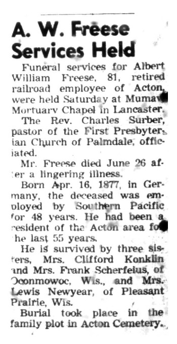 Freese,   Albert William obituary