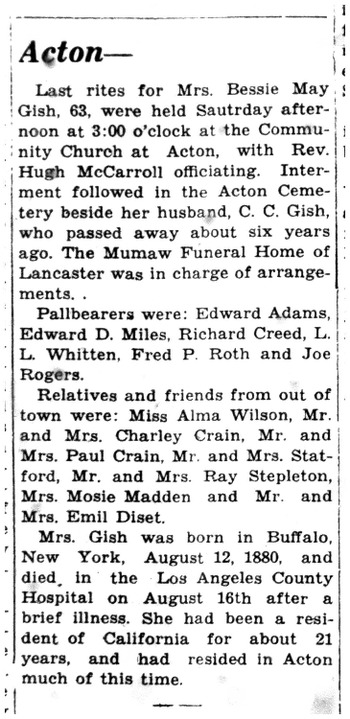Gish, Bessie May obituary