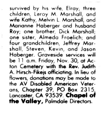 Marshall,   Milton Leroy ('Red') obituary