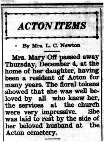Off,   Maria 'Mary' obituary