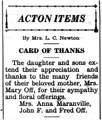 Off,   Maria 'Mary' obituary