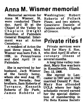 Wismer,   Anna Mae obituary