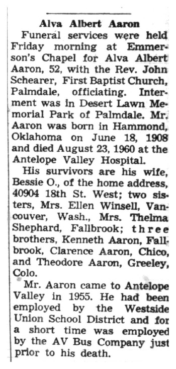Aaron, Alva Albert obituary