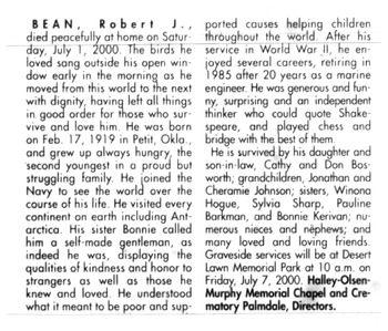 Bean,   Robert J. obituary