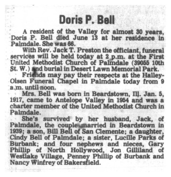 Bell,   Doris Priscilla obituary