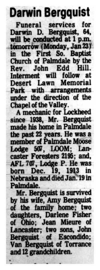 Bergquist, Darwin Dudly Dean obituary