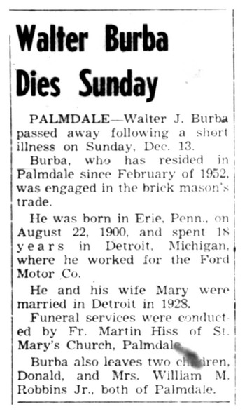 Burba,   Walter Joseph obituary