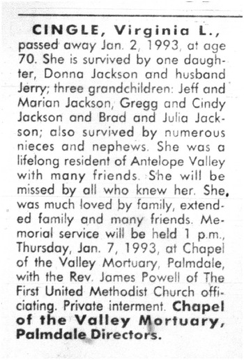 Cingle,   Virginia Lee obituary