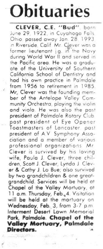 Clever, Clarence Edwin ('Bud') obituary