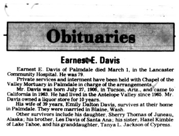 Davis, Earnest Elmer obituary