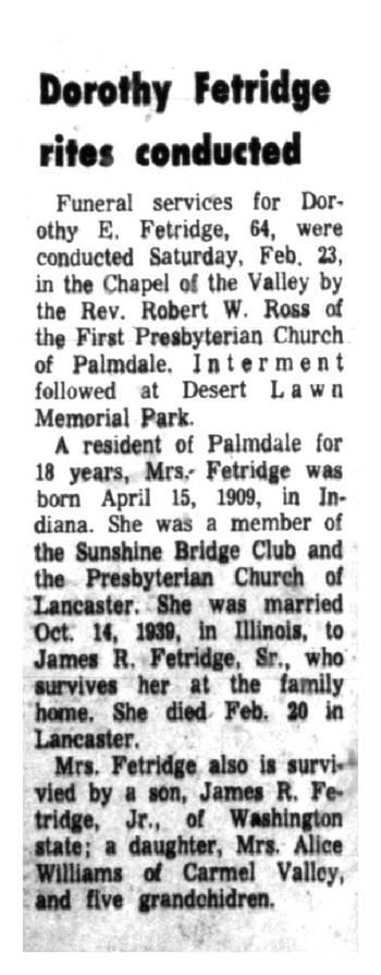 Fetridge,   Dorothy E. obituary