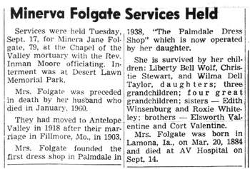 Folgate, Minerva Jane obituary