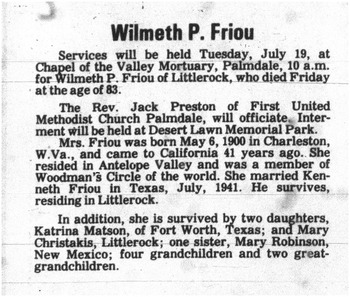 Friou, Wilmeth obituary