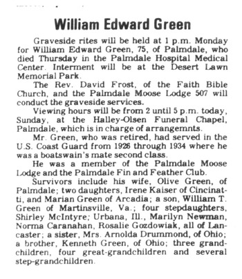 Green,   William Edward obituary