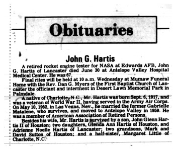 Hartis,   John Glenn obituary