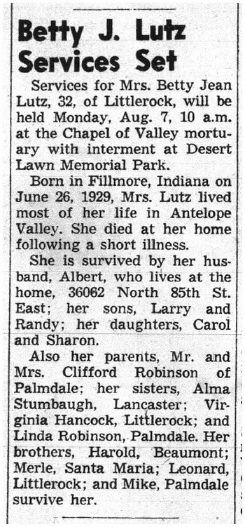 Lutz,   Betty Jean obituary
