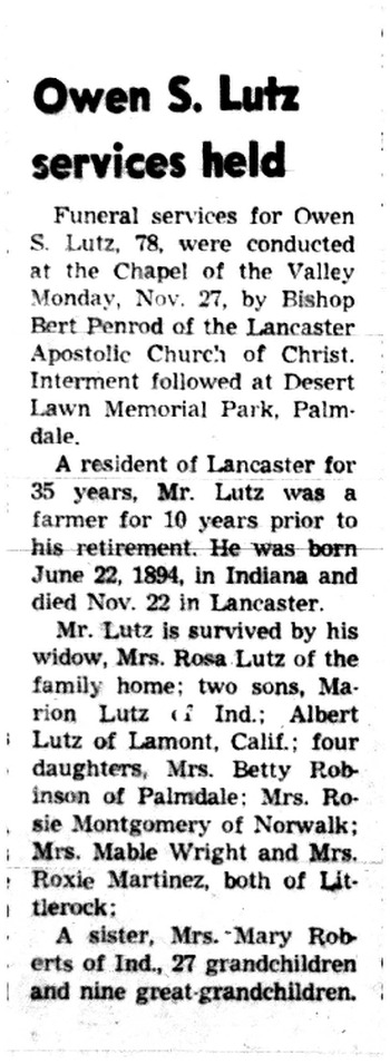 Lutz, Owen Sylvester obituary