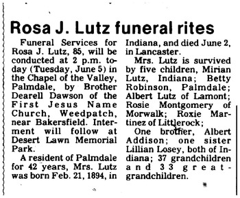 Lutz,   Rosa Jane obituary