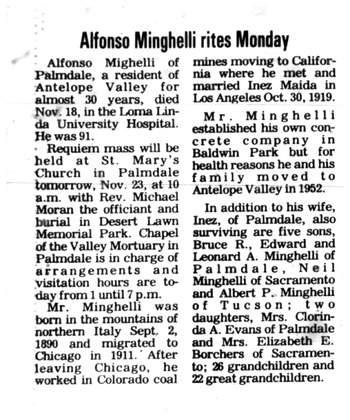 Minghelli,   Alfonzo obituary