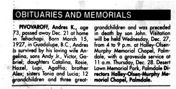 Pivovaroff, Andres Ivanovich ('Andy') obituary