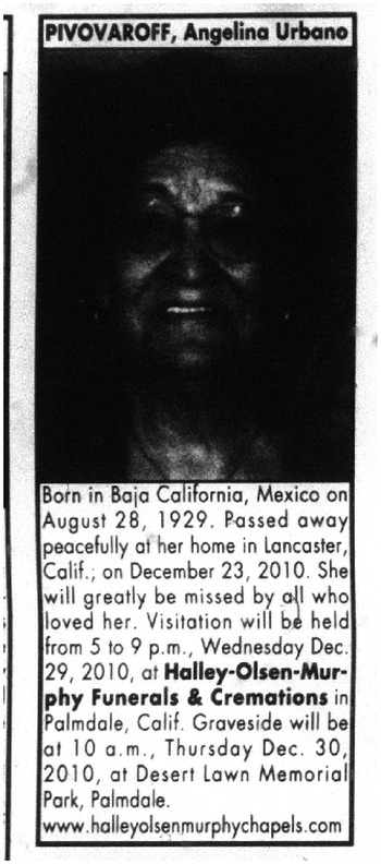 Pivovaroff,   Angelina obituary