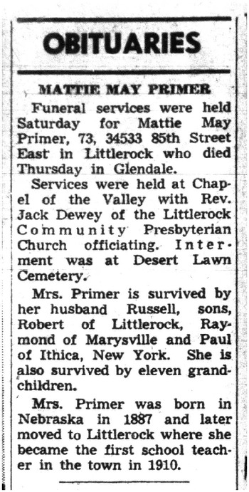 Primer,   Mattie May obituary