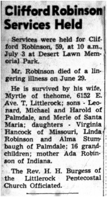 Robinson,   Clifford Harold obituary