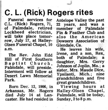 Rogers,   C. L. ('Rick') obituary