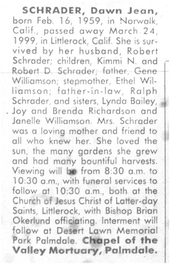 Schrader, Dawn Jean obituary
