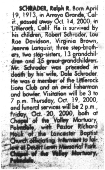 Schrader,   Ralph Robert obituary