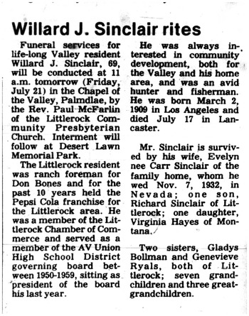 Sinclair,   Willard John obituary