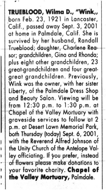 Trueblood,   Wilma Dell ('Wink') obituary