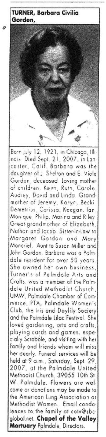 Turner,   Barbara Civilia obituary