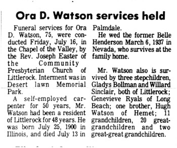 Watson,   Ora Dale obituary