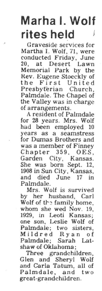 Wolf,   Martha Isabelle obituary