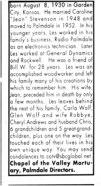 Wolf,   Carl Leslie ('Les') obituary