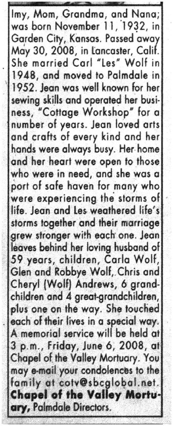 Wolf,   Caroline Imogene ('Jean') obituary