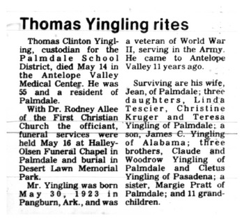 Yingling,   Thomas Clinton obituary