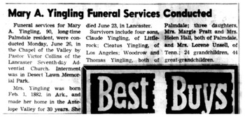 Yingling, Mary Allie obituary