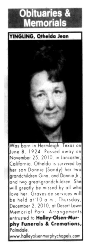 Yingling,   Othelda Jean obituary