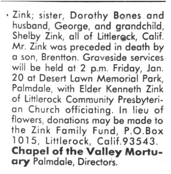 Zink,   Robert Lee obituary
