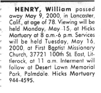 Henry, William obituary