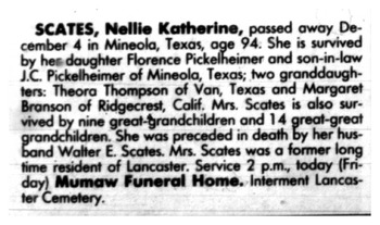 Scates,   Nellie Katherine obituary