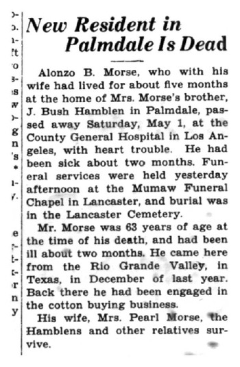 Morse,   Alonzo obituary