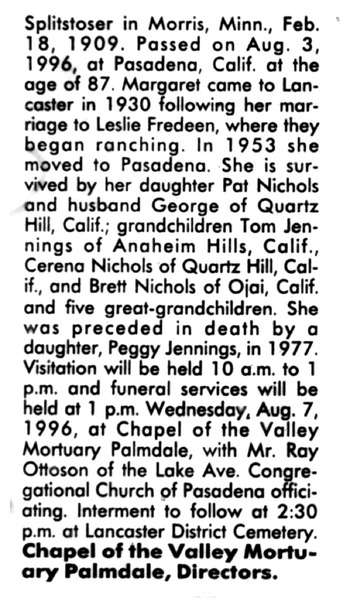 Fredeen,   Margaret Helena obituary