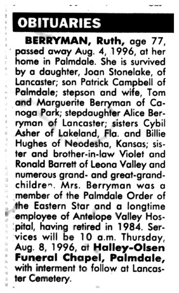 Berryman,   Ruth obituary