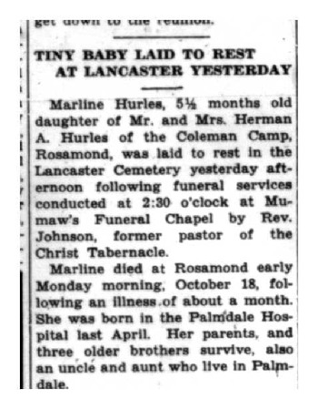 Hurles,   Marline obituary
