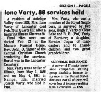 Varty,   Ione B. obituary