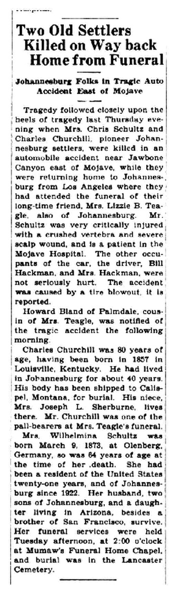 Schultz,   Wilhelmina Henrietta obituary